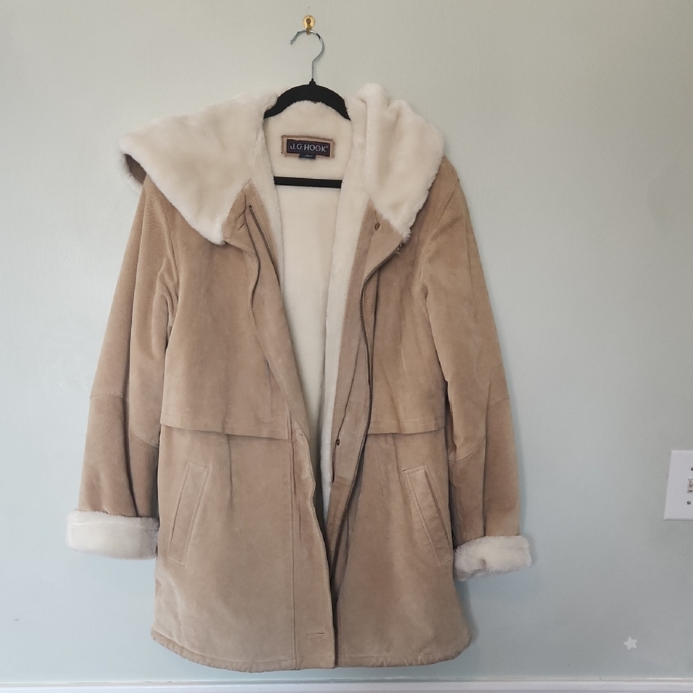 J.G. Hook Faux Shearling Coat Suede Leather Sherpa Lined Jacket Womens Large